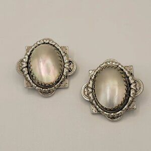 Vintage Signed Whiting & Davis Art Deco Mother of Pearl Clip on Earrings
